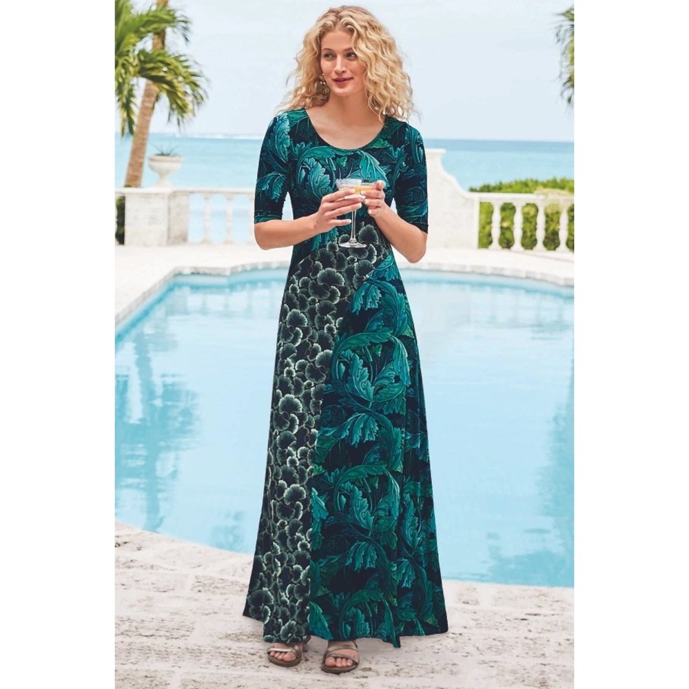 Soft Surroundings Nanette 1XP Teal Green Botanical Leaf Maxi Dress 2EE24